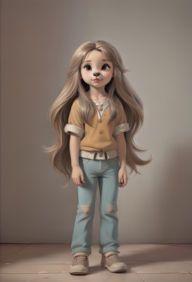 1girl,solo,long hair,looking at viewer,brown hair,shirt,brown eyes,jewelry,very long hair,standing,collarbone,full body,earrings,shoes,belt,pants,nail polish,lips,torn clothes,buttons,denim,lipstick,child,jeans,arms at sides,female child,torn pants,torn jeans,smile,sneakers,orange shirt