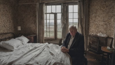 solo,short hair,blonde hair,shirt,long sleeves,1boy,holding,jacket,white shirt,flower,white hair,male focus,indoors,cup,black jacket,pillow,window,bed,facial hair,on bed,chair,formal,table,suit,curtains,scenery,realistic,blanket,lamp,bedroom,old,old man,sitting,own hands together