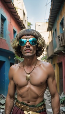 solo,looking at viewer,short hair,open mouth,brown hair,black hair,1boy,navel,jewelry,nipples,standing,collarbone,upper body,male focus,outdoors,parted lips,teeth,day,belt,artist name,dark skin,necklace,stomach,blurry,lips,depth of field,blurry background,facial hair,abs,sunglasses,dark-skinned male,pectorals,building,facing viewer,web address,beard,toned,topless male,city,realistic,arms at sides,chest hair,dreadlocks,aviator sunglasses,blonde hair,sky,muscular,veins,curly hair,toned male,dog tags,afro