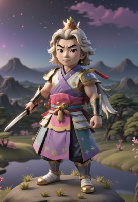 solo,long hair,looking at viewer,bangs,blonde hair,1boy,holding,jewelry,closed mouth,standing,full body,ponytail,weapon,flower,grey hair,male focus,earrings,outdoors,japanese clothes,sky,pants,sword,artist name,holding weapon,armor,black eyes,sash,night,holding sword,thick eyebrows,katana,grass,aged down,crown,shoulder armor,clenched hand,child,star (sky),night sky,mountain,japanese armor,male child,short hair,cape,tree,serious