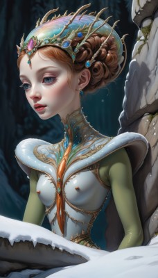 1girl,solo,breasts,looking at viewer,blush,blue eyes,brown hair,hair ornament,dress,jewelry,nipples,upper body,earrings,small breasts,outdoors,parted lips,hair bun,orange hair,armor,blurry,lips,eyelashes,makeup,blurry background,piercing,lipstick,gem,eyeshadow,freckles,nose,red lips,nipple piercing,mascara,gorget,blonde hair,long sleeves,sitting,braid,artist name,bodysuit,looking away,expressionless,single hair bun,shoulder armor,skin tight,gold trim,shrug (clothing),looking afar,gold,updo,green gemstone,pearl (gemstone)