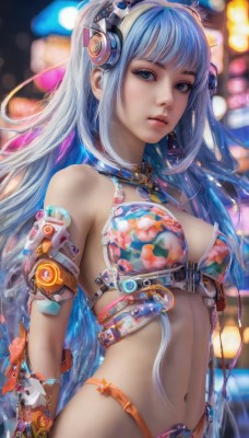 1girl,solo,long hair,breasts,looking at viewer,bangs,blue eyes,navel,cleavage,bare shoulders,medium breasts,very long hair,blue hair,swimsuit,upper body,bikini,parted lips,blurry,lips,blurry background,headgear,headphones,floral print,headset,science fiction,realistic,android,cable,print bikini,cyberpunk,jewelry,multicolored hair,earrings,small breasts,artist name,necklace,stomach,eyelashes,depth of field,watermark,nose,mechanical arms,single mechanical arm