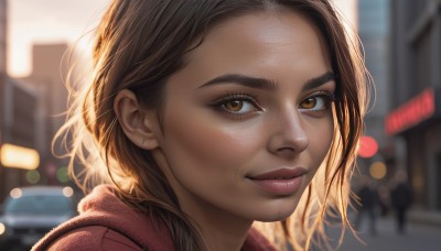 1girl,solo,looking at viewer,smile,short hair,brown hair,brown eyes,jewelry,closed mouth,earrings,outdoors,hood,medium hair,blurry,lips,eyelashes,depth of field,blurry background,piercing,ground vehicle,building,portrait,motor vehicle,forehead,backlighting,freckles,city,realistic,nose,car,stud earrings,scarf,light smile,close-up,bokeh