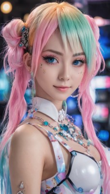 1girl,solo,long hair,breasts,looking at viewer,smile,bangs,blue eyes,blonde hair,hair ornament,cleavage,bare shoulders,twintails,jewelry,medium breasts,closed mouth,upper body,pink hair,multicolored hair,earrings,green hair,necklace,hair bun,blurry,two-tone hair,lips,eyelashes,double bun,aqua hair,gradient hair,makeup,detached collar,depth of field,blurry background,lipstick,gem,eyeshadow,realistic,nose,eyeliner,mascara,blue hair,swimsuit,artist name,mole,from side,pink lips