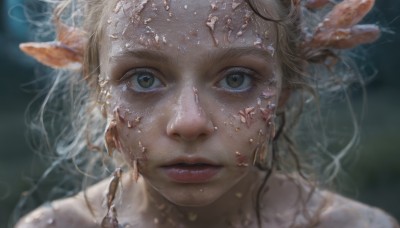 1girl,solo,long hair,looking at viewer,blonde hair,brown eyes,parted lips,pointy ears,blurry,lips,depth of field,blurry background,portrait,close-up,freckles,realistic,short hair,hair ornament,jewelry,closed mouth,earrings,eyelashes,underwater,coral