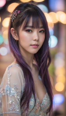 1girl,solo,long hair,breasts,looking at viewer,bangs,black hair,hair ornament,dress,cleavage,brown eyes,jewelry,medium breasts,closed mouth,upper body,earrings,blurry,black eyes,from side,lips,see-through,eyelashes,depth of field,blurry background,realistic,nose,bokeh,brown hair,purple hair,parted lips,makeup