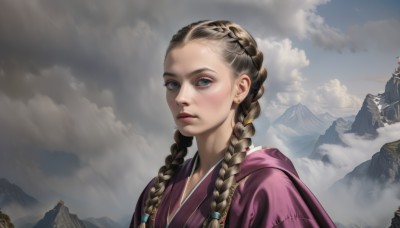 1girl,solo,long hair,looking at viewer,blue eyes,blonde hair,brown hair,jewelry,closed mouth,upper body,braid,earrings,outdoors,sky,day,cloud,necklace,twin braids,lips,cloudy sky,hair over shoulder,mountain,realistic,nose,multiple braids,japanese clothes,scenery,freckles,landscape