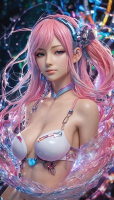 1girl,solo,long hair,breasts,looking at viewer,bangs,blue eyes,large breasts,navel,cleavage,bare shoulders,jewelry,medium breasts,closed mouth,underwear,collarbone,swimsuit,upper body,pink hair,bikini,hairband,choker,shiny,water,bra,lips,white bikini,realistic,hair ornament,sidelocks,artist name,blurry,aqua eyes,eyelashes,detached collar,swept bangs,headgear,one side up,expressionless,gem,armlet,water drop,nose