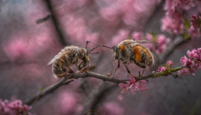 flower, outdoors, blurry, tree, no humans, depth of field, animal, bug, cherry blossoms, pink flower, flying, realistic, antennae, branch