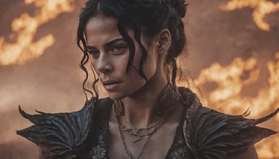 1girl,solo,long hair,breasts,looking at viewer,black hair,cleavage,brown eyes,jewelry,collarbone,upper body,earrings,sky,cloud,dark skin,necklace,hair bun,armor,blurry,dark-skinned female,lips,blurry background,single hair bun,cloudy sky,shoulder armor,portrait,freckles,pauldrons,realistic,dress,closed mouth,mole