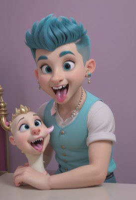 1girl,looking at viewer,smile,short hair,open mouth,blue eyes,blonde hair,shirt,1boy,jewelry,blue hair,white shirt,upper body,short sleeves,male focus,earrings,multiple boys,teeth,tongue,2boys,tongue out,necklace,vest,aqua eyes,saliva,buttons,upper teeth only,piercing,aged down,crown,sharp teeth,ear piercing,child,purple background,male child,blue vest,very short hair,baby,what,tongue piercing,multiple girls,2girls,aqua hair,siblings,realistic,brother and sister,pearl necklace,mohawk