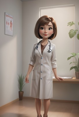 1girl,solo,looking at viewer,blush,smile,short hair,bangs,brown hair,brown eyes,closed mouth,standing,full body,indoors,black footwear,lips,swept bangs,plant,child,red nails,labcoat,female child,potted plant,nurse,slippers,clipboard,stethoscope,doctor,breasts,shoes,black eyes,buttons,phone,thick eyebrows,sneakers,sleeves rolled up,nose,arms at sides,red lips,no socks,sleeves pushed up,calendar (object)