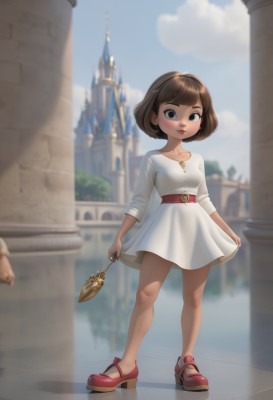 1girl,solo,breasts,looking at viewer,blush,short hair,bangs,brown hair,long sleeves,dress,holding,brown eyes,jewelry,closed mouth,standing,collarbone,full body,small breasts,outdoors,sky,shoes,day,belt,cloud,white dress,blurry,black eyes,high heels,blue sky,lips,bare legs,makeup,blurry background,short dress,bob cut,lipstick,red footwear,child,buckle,wand,red lips,female child,pillar,no socks,artist name,reflection,skirt hold