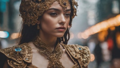 1girl,solo,long hair,brown hair,black hair,hair ornament,brown eyes,jewelry,closed mouth,upper body,earrings,solo focus,nail polish,armor,blurry,black eyes,lips,makeup,depth of field,blurry background,looking away,expressionless,tiara,shoulder armor,gem,portrait,blue nails,pauldrons,gold trim,realistic,nose,necklace,looking to the side,headdress,looking afar