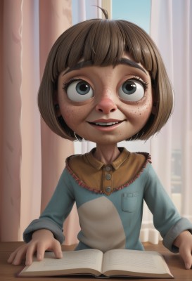 1girl,solo,looking at viewer,smile,short hair,open mouth,bangs,blue eyes,brown hair,shirt,long sleeves,upper body,ahoge,teeth,indoors,blunt bangs,black eyes,cup,grey eyes,book,window,table,bob cut,curtains,child,freckles,pocket,open book,female child,eyelashes,realistic,nose