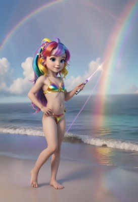 1girl,solo,long hair,looking at viewer,smile,blue eyes,blonde hair,navel,standing,swimsuit,full body,ponytail,pink hair,purple hair,bikini,multicolored hair,small breasts,outdoors,sky,barefoot,day,cloud,water,nail polish,flat chest,feet,lips,hand on hip,ocean,beach,child,web address,multicolored clothes,personification,toenails,rainbow,multicolored bikini,rainbow gradient,rainbow hair,multicolored stripes,bangs,hair ornament,blue hair,parted lips,two-tone hair,aged down,knife,wand