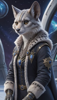 solo,gloves,long sleeves,1boy,animal ears,brown eyes,jewelry,closed mouth,standing,yellow eyes,upper body,male focus,sky,belt,signature,coat,fur trim,no humans,night,animal,cat,brooch,gem,star (sky),night sky,furry,starry sky,fur collar,black coat,space,furry male,white fur,planet,animal nose,whiskers,blue gemstone,black fur,looking at viewer,artist name,cat ears,cape,gauntlets