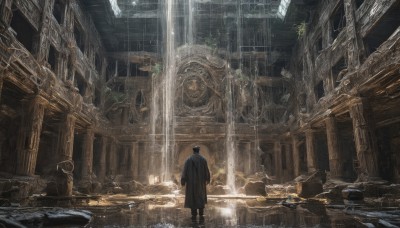 solo,short hair,black hair,long sleeves,1boy,standing,male focus,outdoors,water,from behind,coat,sunlight,building,scenery,science fiction,light rays,facing away,sunbeam,ruins,wide shot,pillar,waterfall,overgrown,indoors,black coat,light,statue