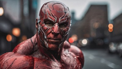 solo,looking at viewer,1boy,closed mouth,upper body,male focus,blurry,mask,muscular,depth of field,blurry background,building,motor vehicle,science fiction,city,realistic,superhero,black eyes,bodysuit,portrait,bokeh