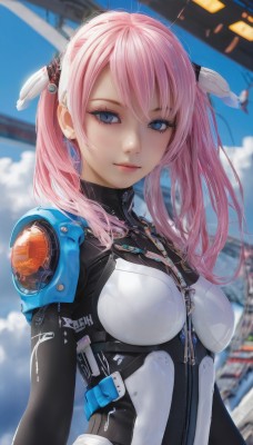 1girl,solo,long hair,breasts,looking at viewer,smile,bangs,blue eyes,hair ornament,twintails,jewelry,medium breasts,closed mouth,upper body,pink hair,outdoors,sky,day,artist name,cloud,blurry,blue sky,lips,bodysuit,makeup,blurry background,headgear,zipper,science fiction,zipper pull tab,earrings,small breasts,armor,eyelashes,skin tight,realistic