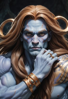 solo,long hair,looking at viewer,brown hair,1boy,brown eyes,jewelry,nipples,yellow eyes,upper body,male focus,parted lips,teeth,hand up,orange hair,bracelet,lips,tattoo,muscular,colored skin,halo,ring,muscular male,black background,veins,topless male,realistic,nose,blue skin,closed mouth,artist name,abs,pectorals,portrait,grey skin,facial tattoo