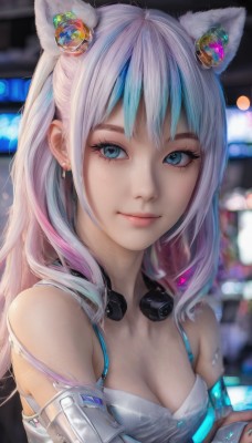 1girl,solo,long hair,breasts,looking at viewer,smile,bangs,blue eyes,hair ornament,holding,animal ears,cleavage,bare shoulders,jewelry,medium breasts,closed mouth,blue hair,upper body,pink hair,white hair,multicolored hair,earrings,small breasts,cat ears,nail polish,blurry,two-tone hair,lips,streaked hair,eyelashes,blurry background,headphones,extra ears,headphones around neck,artist name,bra,makeup,depth of field,fake animal ears,blue nails,freckles,science fiction,realistic,nose