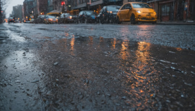 outdoors, no humans, ground vehicle, building, scenery, motor vehicle, snow, rain, snowing, city, car, road, vehicle focus, lamppost, street