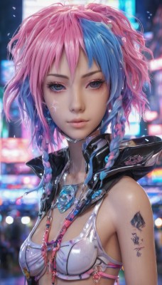 1girl,solo,breasts,looking at viewer,short hair,blue eyes,bare shoulders,jewelry,closed mouth,blue hair,swimsuit,upper body,pink hair,braid,bikini,multicolored hair,small breasts,parted lips,necklace,bra,blurry,twin braids,two-tone hair,lips,tattoo,blurry background,bikini top only,realistic,nose,bangs,underwear,earrings,artist name,signature,eyelashes,makeup,depth of field,watermark,gem,pendant