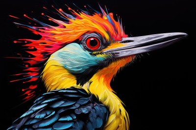 solo,looking at viewer,simple background,red eyes,upper body,pokemon (creature),no humans,blood,bird,animal,fire,feathers,black background,realistic,animal focus,beak,fiery hair,from side,parrot