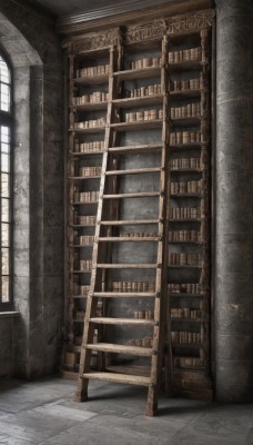 day,indoors,book,no humans,window,sunlight,scenery,stairs,bookshelf,tiles,tile floor,library,ladder