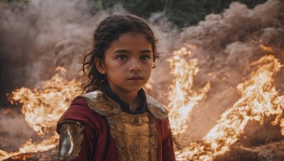 1girl,solo,long hair,looking at viewer,brown hair,black hair,closed mouth,upper body,cloud,dark skin,medium hair,armor,black eyes,dark-skinned female,lips,fire,child,smoke,realistic,fantasy,brown eyes,outdoors,grey eyes,epaulettes