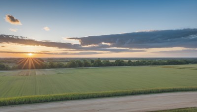 outdoors,sky,day,cloud,tree,blue sky,no humans,sunlight,cloudy sky,grass,nature,scenery,forest,sunset,mountain,sun,horizon,road,field,landscape,mountainous horizon,path,sunrise,hill