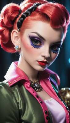 1girl,solo,breasts,looking at viewer,short hair,shirt,jewelry,closed mouth,jacket,upper body,red hair,hairband,earrings,open clothes,artist name,necklace,hair bun,mole,blurry,black eyes,open jacket,lips,grey eyes,eyelashes,double bun,makeup,black hairband,lipstick,portrait,eyeshadow,green jacket,realistic,nose,red lips,eyeliner,mascara,blush,blue eyes,medium breasts,white shirt,mole under eye,gem,pink jacket