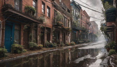 outdoors, sky, day, cloud, tree, no humans, window, cloudy sky, plant, ground vehicle, building, scenery, motor vehicle, city, car, road, house, power lines, street, utility pole, puddle