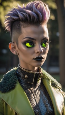 1girl,solo,short hair,jewelry,green eyes,jacket,upper body,pink hair,multicolored hair,earrings,blurry,lips,coat,fur trim,eyelashes,makeup,blurry background,piercing,lipstick,portrait,eyeshadow,colored sclera,black sclera,eyeliner,undercut,purple lips,black lips,purple hair,artist name,depth of field,mohawk,green sclera