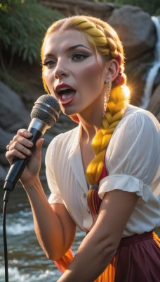 1girl,solo,long hair,open mouth,skirt,blonde hair,shirt,holding,brown eyes,jewelry,white shirt,upper body,braid,short sleeves,multicolored hair,earrings,outdoors,teeth,day,tongue,water,blurry,lips,single braid,makeup,blurry background,upper teeth only,lipstick,microphone,hair over shoulder,rock,realistic,nose,music,red lips,holding microphone,singing,piercing,sunlight,blouse,crown braid,waterfall