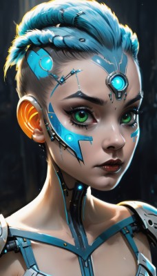 1girl,solo,breasts,looking at viewer,short hair,closed mouth,green eyes,blue hair,collarbone,upper body,artist name,dark-skinned female,lips,eyelashes,makeup,facial mark,lipstick,portrait,eyeshadow,science fiction,nose,android,red lips,eyeliner,cyborg,hair pulled back,robot joints,mascara,cyberpunk,mechanical parts,hair ornament,braid,dark skin,close-up,backlighting,realistic,facepaint,forehead jewel