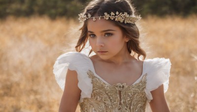 1girl,solo,looking at viewer,short hair,brown hair,black hair,hair ornament,dress,brown eyes,jewelry,closed mouth,upper body,flower,earrings,dark skin,white dress,blurry,lips,depth of field,blurry background,realistic,nose,head wreath,collarbone,outdoors,day,expressionless