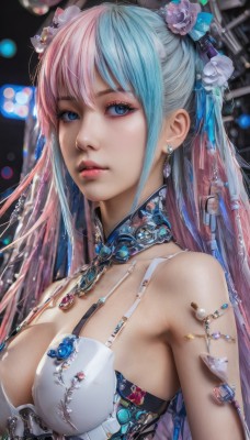 1girl,solo,long hair,breasts,looking at viewer,bangs,blue eyes,large breasts,hair ornament,cleavage,bare shoulders,jewelry,medium breasts,closed mouth,blue hair,upper body,pink hair,flower,multicolored hair,earrings,parted lips,artist name,hair flower,bra,blurry,two-tone hair,lips,eyelashes,aqua hair,makeup,detached collar,depth of field,blurry background,lipstick,gem,armlet,eyeshadow,realistic,nose,red lips,bokeh,blue gemstone,mascara,underwear,necklace