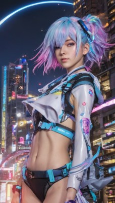 1girl,solo,breasts,looking at viewer,short hair,bangs,blue eyes,gloves,long sleeves,navel,underwear,blue hair,standing,panties,jacket,ponytail,pink hair,purple hair,multicolored hair,cowboy shot,outdoors,sky,choker,black gloves,midriff,belt,hood,stomach,two-tone hair,lips,crop top,gradient hair,makeup,night,hood down,building,cropped jacket,science fiction,city,realistic,nose,arms at sides,cityscape,skyscraper,cyberpunk,cropped hoodie,small breasts,black panties