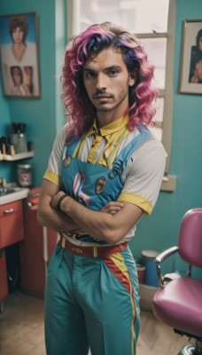 solo,long hair,looking at viewer,shirt,black hair,1boy,brown eyes,standing,white shirt,pink hair,short sleeves,male focus,multicolored hair,parted lips,necktie,collared shirt,belt,pants,indoors,dark skin,blurry,black eyes,two-tone hair,lips,facial hair,chair,crossed arms,dark-skinned male,beard,freckles,curly hair,yellow shirt,realistic,nose,overalls,yellow necktie,arm hair,blue overalls,purple hair,watch,wristwatch