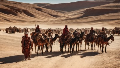 holding,standing,weapon,male focus,outdoors,multiple boys,hood,from behind,cape,animal,polearm,staff,scenery,cloak,6+boys,robe,sand,riding,multiple others,horse,ambiguous gender,desert,horseback riding,6+others,sky,day,shadow,fantasy,soldier,saddle,army