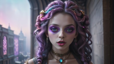 1girl,solo,long hair,looking at viewer,blue eyes,hair ornament,bare shoulders,jewelry,collarbone,purple hair,earrings,outdoors,parted lips,teeth,choker,day,artist name,necklace,blurry,lips,dutch angle,eyelashes,makeup,blurry background,lipstick,building,gem,portrait,eyeshadow,curly hair,red lips,eyeliner,purple lips,mascara,hairband,depth of field,wavy hair,realistic,nose