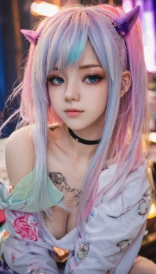 1girl,solo,long hair,breasts,looking at viewer,bangs,blue eyes,shirt,cleavage,bare shoulders,jewelry,medium breasts,closed mouth,blue hair,collarbone,white shirt,upper body,pink hair,sidelocks,multicolored hair,hairband,earrings,horns,choker,artist name,off shoulder,blurry,two-tone hair,lips,streaked hair,eyelashes,tattoo,gradient hair,makeup,leaning forward,blurry background,black choker,piercing,ear piercing,eyeshadow,realistic,nose,fake horns,arm tattoo,mascara,large breasts,long sleeves,freckles,chest tattoo,flower tattoo