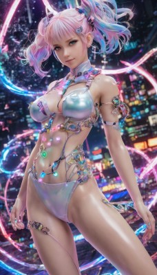 1girl,solo,breasts,looking at viewer,smile,short hair,bangs,blue eyes,large breasts,hair ornament,navel,cleavage,bare shoulders,twintails,jewelry,medium breasts,closed mouth,blue hair,standing,swimsuit,pink hair,bikini,multicolored hair,cowboy shot,earrings,shiny,nail polish,blurry,two-tone hair,lips,streaked hair,blurry background,white bikini,short twintails,armlet,science fiction,city,realistic,city lights,thighs,artist name,watermark,piercing,ring,gem,web address,navel piercing,neon lights