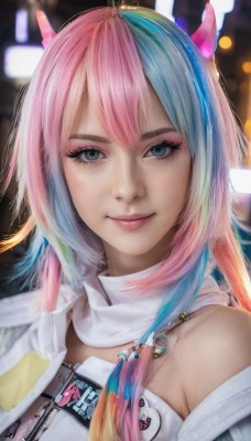 1girl,solo,long hair,looking at viewer,smile,bangs,blue eyes,bare shoulders,closed mouth,blue hair,upper body,pink hair,multicolored hair,horns,off shoulder,scarf,blurry,two-tone hair,lips,streaked hair,grey eyes,eyelashes,aqua hair,gradient hair,makeup,blurry background,portrait,eyeshadow,freckles,realistic,artist name,signature,watermark,feathers,nose,rainbow hair