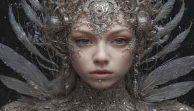 1girl,solo,looking at viewer,blue eyes,simple background,hair ornament,jewelry,closed mouth,wings,lips,grey eyes,eyelashes,feathers,black background,gem,portrait,light particles,freckles,realistic,straight-on,long hair,grey hair,parted lips,expressionless,piercing,close-up,nose