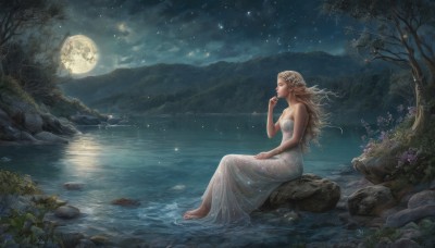 1girl,solo,long hair,breasts,blonde hair,hair ornament,dress,cleavage,bare shoulders,medium breasts,sitting,braid,flower,outdoors,sky,barefoot,pointy ears,cloud,water,white dress,from side,tree,lips,wet,see-through,strapless,night,moon,elf,star (sky),nature,night sky,scenery,strapless dress,full moon,forest,starry sky,reflection,rock,mountain,river,lake,moonlight,fireflies,profile,finger to mouth,sitting on rock