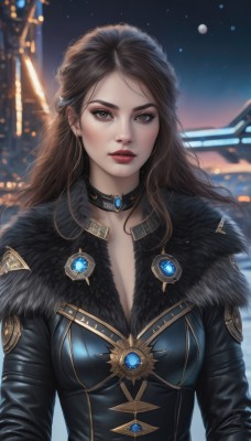 1girl,solo,long hair,breasts,looking at viewer,brown hair,long sleeves,cleavage,brown eyes,jewelry,medium breasts,upper body,earrings,outdoors,sky,choker,artist name,blurry,lips,coat,fur trim,makeup,night,blurry background,black choker,gem,fur collar,realistic,nose,red lips,bodysuit,thick eyebrows,lipstick,star (sky),night sky,eyeshadow,backlighting,freckles