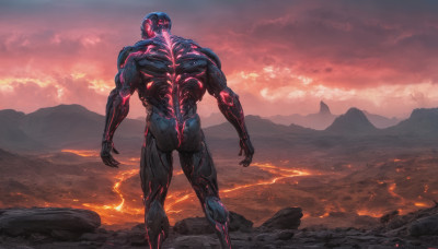 solo, red eyes, 1boy, standing, male focus, outdoors, sky, cloud, muscular, glowing, cloudy sky, fire, glowing eyes, science fiction, mountain, mountainous horizon, molten rock